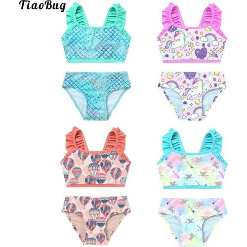 TiaoBug Summer Little Girls 2Pcs Cartoon Fish Scales Print Tankini Swimsuit Top With Briefs Set Swimwear For 2 To 8 Years Kids