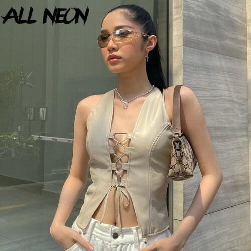 ALLNeon Cyber Y2K Streetwear Lace-Up PU Leather Vests Vintage Fashion V-neck Hollow Out Slit Sleeveless Crop Tops Summer Casual