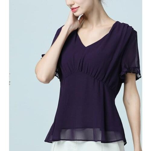 Womens Spring Summer Style Chiffon Blouse Shirt Womens Solid Color V-Neck Short Sleeve Korean Casual Tops ZZ1233