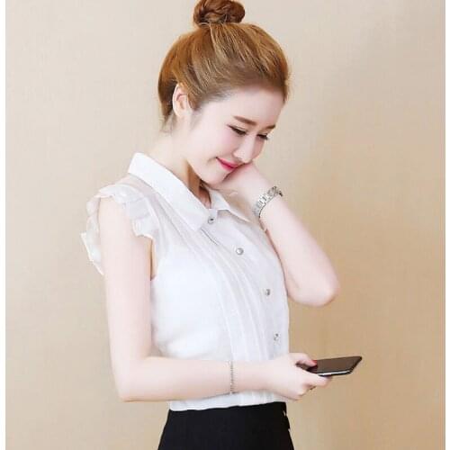 Womens spring Summer Style Chiffon Blouses Shirt Womens Button Solid Color Sleeveless Off Shoulder Korean Tops SP148