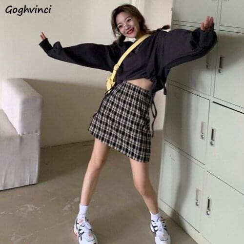 Women Sets 2Piece O-neck Full Sleeve Bandage Pullovers Mini Plaid A-line Skirts Retro Harajuku Outfits Fashion Females Popular