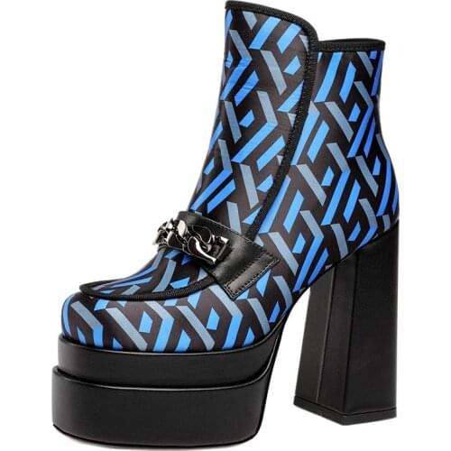2021 New Autumn Women Ankle Boots Shoes Sexy High Heels Thick Platform Genuine Leather Black Blue Yellow Dress Party Short Boots