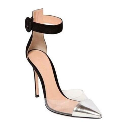 Concise type women runway shoes high heel pumps buckle strap silver and black pointed toe perspex details sexy catwalk high heel