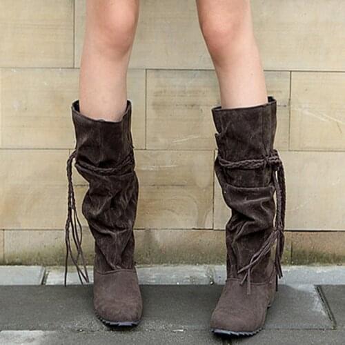 Tassel PU Leather Suede Womens Shoes Over The Knee High Boots Internal Height Increase PR Sale