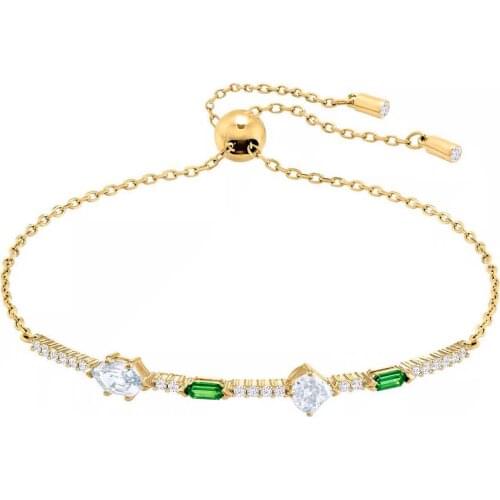 Brand 1:1 Elegant Temperament Full Rhinestone Green Crystal Slide Buckle Adjustable Gold Bracelet Ladies Silver Jewelry