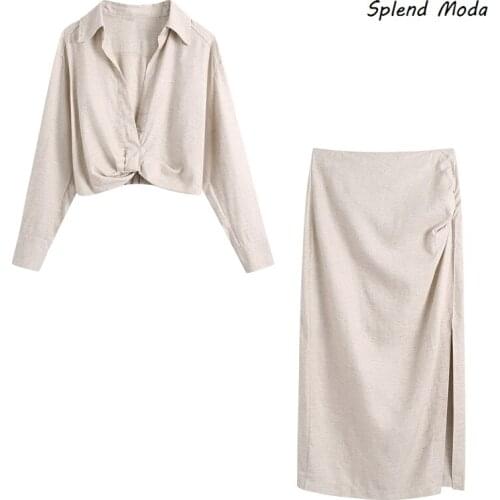 2021 Summer New Women Square Collar Long Sleeve Twist Shirt + High Waist Folds Skirt Set Female Solid Color Casual Chic