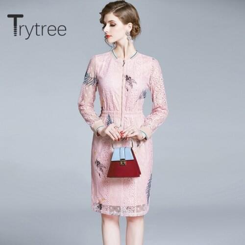 Trytree 2020 Spring Summer Women Casual Dress O-neck Zipper Patchwork Lace Fashion A-line Elegant Temperament A-line Dress