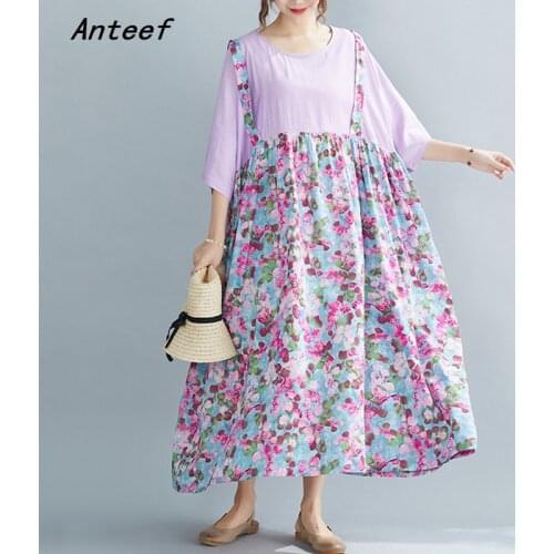 Short sleeve plus size cotton vintage floral dresses for women casual loose long woman summer dress elegant clothes 2021