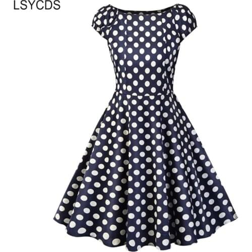 LSYCDS Navy Blue Polka Dot Vintage Dress Women Cap Sleeve Summer Fit and Flare Rockabilly 1950s Retro Dresses
