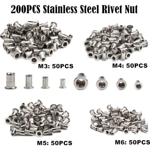 200PCS M3 M4 M5 M6 Stainless Steel Flat Head Rivet Nuts Set Insert Reveting Multi Size Rivet Nuts