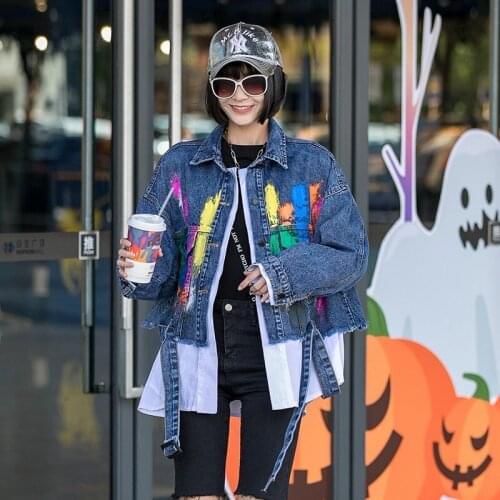 2020 Real Shot Hong Kong Style Short Denim Jacket Free Shipping Print 2020 Fashion