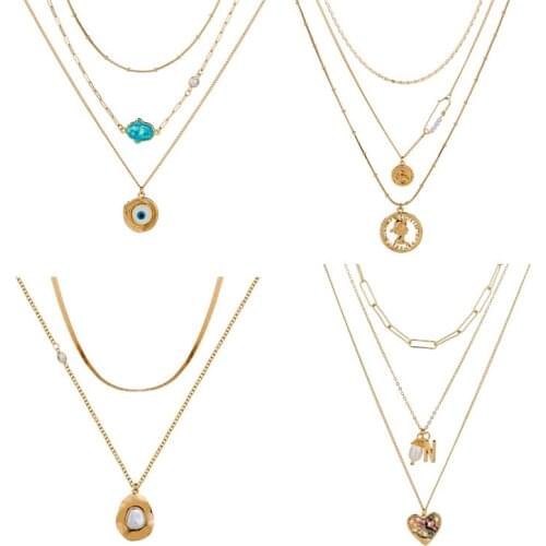 7 Style Multi Layered Necklace for Women with Gold Color Evil Eye Heart Shaped Pendant Chain Necklace Jewelry