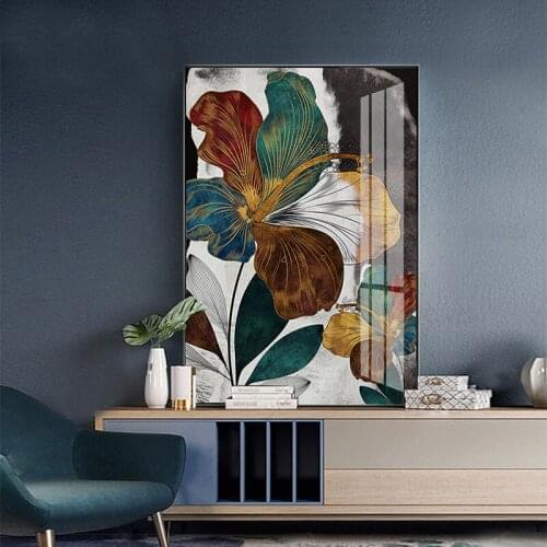 Abstract Gold Bloom Flower Painting Modern Blue Poster Print Luxury Wall Canvas Picture For Living Room Art In Saudi Arabia