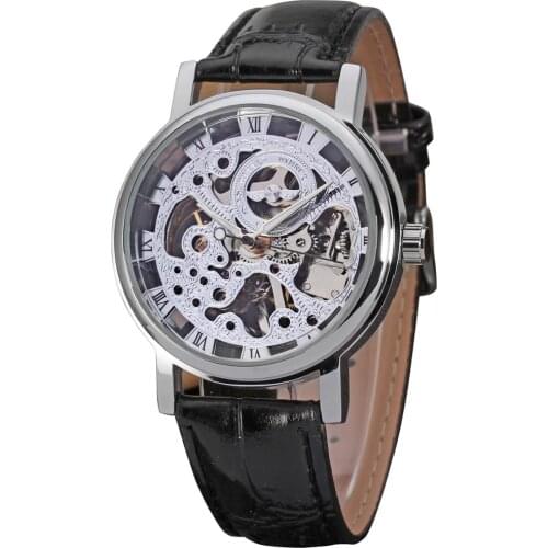 WINNER WATCH Silver Surface Roman Numerals dial black leather strap mens mechanical watch
