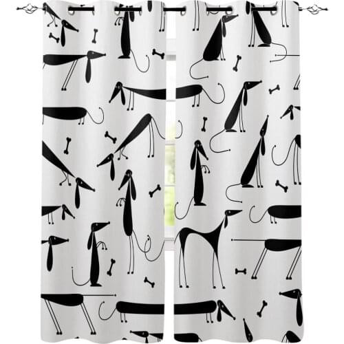 Dog Canine Black And White Stick Figure Window Curtains LivingRoom Kitchen Curtains Left and Right Biparting Open