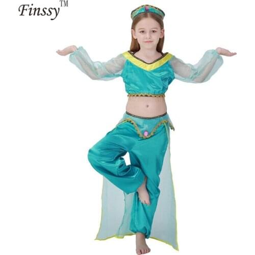 Kids Girls Carnival Clothing Aladdin Jasmine Princess Cosplay Costume Halloween Belly Dancer Top Pants Party Clothes