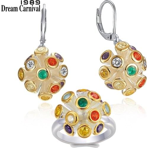 DreamCarnival1989 New 2020 Rainbow Colors Zirconia Jewelry Sets & More for Women Hanging Dangle Earrings+Ring Hot Pick ER3983S2