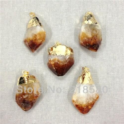 H-CCP01 10pcs Raw Rough Crystal Quartz Citrines Point Pendant Gold Electroplated
