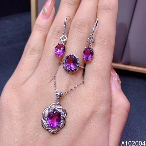 KJJEAXCMY Fine Jewelry 925 sterling silver inlaid Amethyst female gemstone ring pendant earring set popular