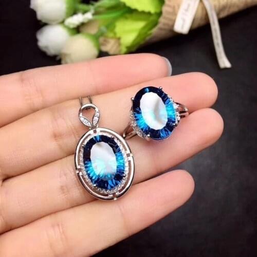 Attractive ocean Blue topaz ring and necklace jewelry set 925 sterling silver natural gem good color women birthday party gift