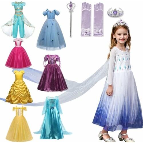 Colorful Kids Birthday Party Children Clothing Princess Dress Halloween Costume For Girls Belle Dress Send Crown New Year 5-10y