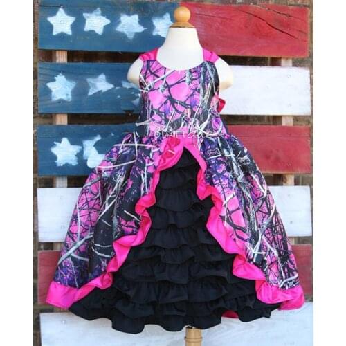 Cute Spaghetti Muddy Girl Satin Camo Flower Girl Dresses Black Formal Kids Camouflage Field Wedding Wear For Kids