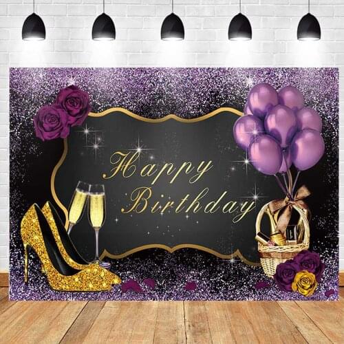 Sweet Pink Rose Birthday Backdrop Shiny Glitter High Heels Champagne Adults Women Birthday Decor Photo Booth Background Custom