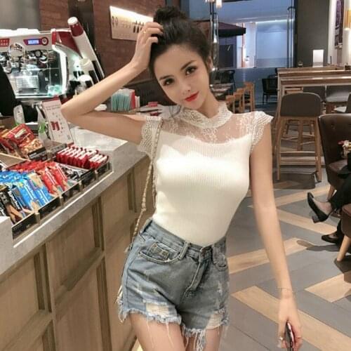 Fashion Summer Womens Clothing Perspective Slim Fit T-shirts Sexy Crop Top Knitted Woman Tops Lace Patchwork Stand Tees New