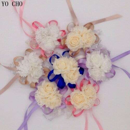 Fashion White Champagne Handmade Brides Bridesmaid Flower Artificial Bride Flowers Wedding Bouquet Hand Flowers Wrist Corsages