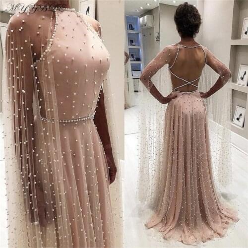 MYYBLE Fashion Pearls Champagne A-line Evening Gowns With Long Cloak Sleeves Sexy Backless Long Prom Gowns 2020 Formal Clothing