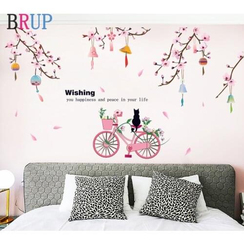 120*87cm Romantic Peach Blossom Wall Stickers Flower Cat on The Bicycle Under Tree Home Decor for Bedroom Art PVC Stikers Muraux