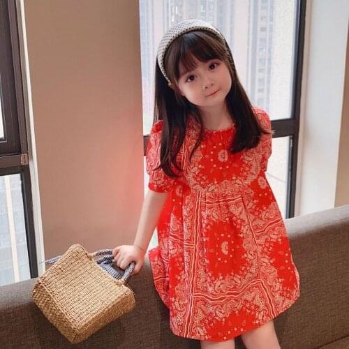 2021 Spring/Summer New Girl National Style Dress Red Shredded Flower Dresses Toddler Kids Short Sleeve Cotton Princess Dress