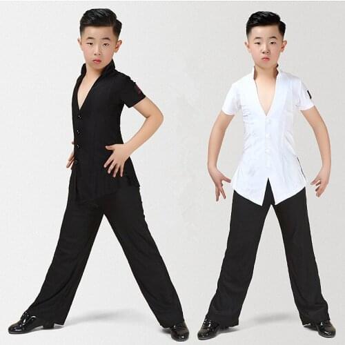 Latin Top Short Sleeve V Collar Boys Rumba Cha Cha Samba Tango Salsa Dancing Shirts Kids Competition Performance Wear