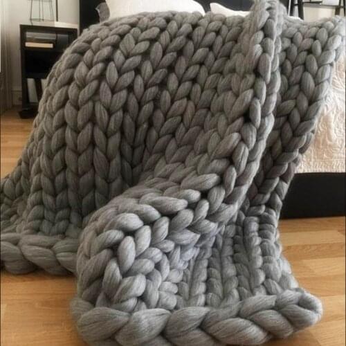 Wool Hand Knitted Chunky Blanket Thick Yarn Weighted Bulky Knitting Throw Blanket Warm Winter Home Sofa Bed Throws Blankets