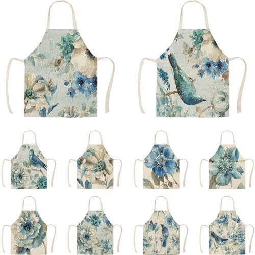 Blue Flowers and Blue Birds Pattern Kitchen Aprons for Woman Man Home Cooking Baking Shop Cleaning Cotton Linen Apron WQ1682