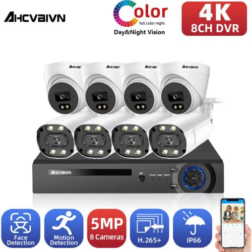 AHCVBIVN 8CH 4K DVR System Kit AHD Face Ditection Colorful Night 5MP HD Camera CCTV Security Surveillance System XMEYE IP66