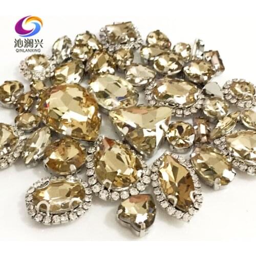 Light coffee color Mix size Crystal buckle+claw rhinestone,Silver base galss sew on stones diy/Clothing accessories 50pcs/pack