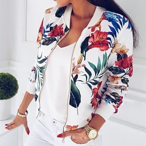 2019 Women Short Jacket Floral Print Long Sleeve Zipper Bomber Jackets Autumn Casual Basic Coats Female Biker Outwear Tops R599