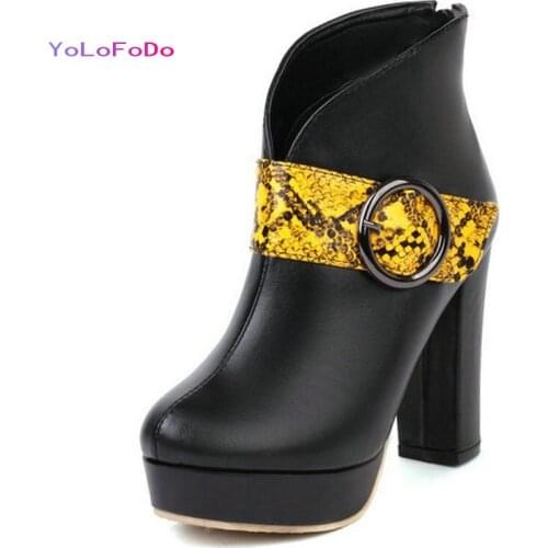 2021 Autumn Winter Women Ankle Boots PU Leather Platform Platform Square High Heel Ladies Short Boots Buckle Zipper Womens Boot