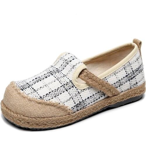 Women Shoes Flat Loafers Shallow National Style Hemp Slip On Gingham Fashion Outdoor Breathable Round Toe Casual Comfortable