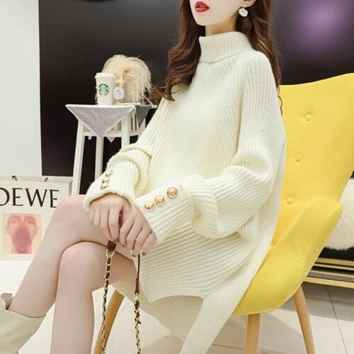 Women Beige Turtleneck Sweater Pullover Button Decoration Split hem Knit Top 2021 Autumn Loose Big Size Ladies Base Knitwear