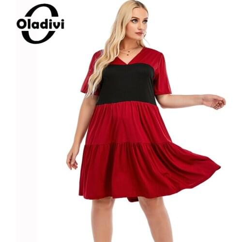 Oladivi Plus Size 2021 Summer Women V-Neck Shirt Dress Short Sleeve Patchwork L-5XL Large Size A-Line Mini Dresses Vestidios A15