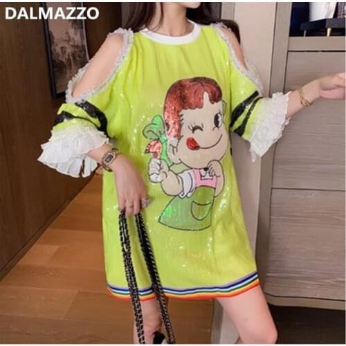 Print Sequins Student Fashion Strapless Sleeve Loose T Shirt Mini Dress 2021 Newest Cut Cartoon Anime Runway Dresses For Women