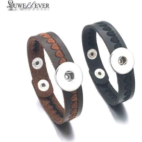 Fashion Heart 060 Interchangeable Really Genuine Leather Retro Bracelet 18mm Snap Button Bangle Charm Jewelry For Women Men Gift
