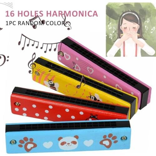 Wooden Harmonica Toy Musical Instrument 16 Hole Cartoon Color Harmonica Mouth Organ Baby Early Education Toys for Children Gift