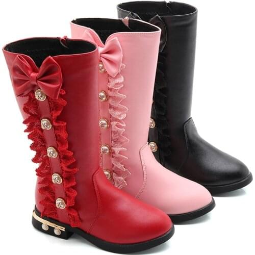 Princess Flat Dress Boots Kids Winter Lace Beading Bowknot Boots Mid-calf Snowshoes Black Pink Red School Rubber Shoes #27-37
