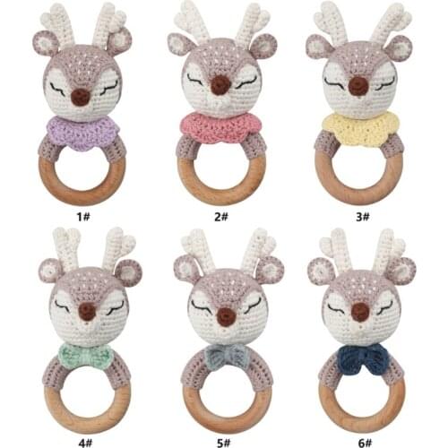 Baby Wooden Teether Ring DIY Crochet Deer Animal Rattle Infant Teething Nursing Soother Elk Rattle Educational Montessori Toy fo