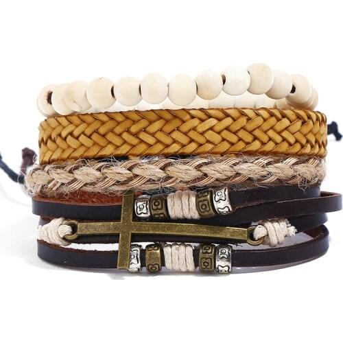 Jessingshow 4 Pcs/Set Leather Bracelets Men Adjustable Bangles Women Wood Beads Alloy Cross Accessories Charm Homme Gift Jewelry