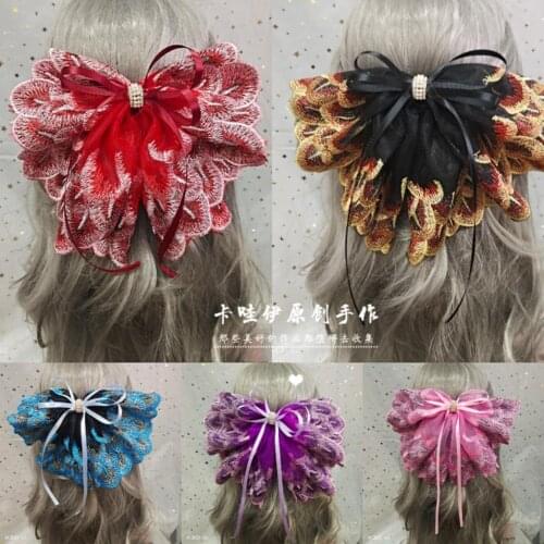 Korean Style Japanese Style Pearl Rhinestone Peacock Embroidery Lace Oversized Bow Barrettes Headdress Flower