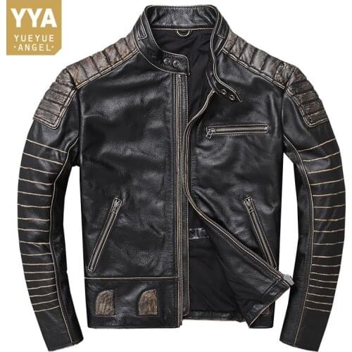 Genuine Leather Jackets Mens New Short Slim Cowhide Vintage Zippers Spliced Pockets O-Neck Fashion Biker Jacket Korean Style